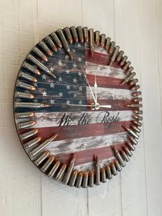 Patriotic we the People Flag Bullet Clock - Etsy Things To Make Out Of Pallets, Diy Man Cave Decor, Country Man Cave, We The People Flag, Shotgun Shell Crafts, Bullet Crafts, Patriotic Projects, Diy Wood Pallet Projects, Diy Wood Pallet