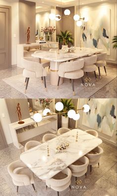 the dining room table and chairs are all white with gold trimmings on them