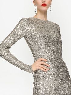 sequin-embellished long-sleeve dress from DOLCE & GABBANA featuring silver, cotton, sequin embellishment, round neck and long sleeves. | Dolce & Gabbana Sequin-Embellished Long-Sleeve Dress Silver Silk Dress, Silver Satin Dress, Dresses Silver, Coachella Style, Style 2014, Embellished Midi Dress, Sequence Dress, Calf Length Dress, Dolce Gabbana Dress