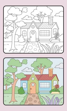 learn coloring for kids and elementary school. house, tree, garden. Garden Scenery Drawing, Nature Drawing For Kids, Garden Tree House, House Drawing For Kids, Scenery Drawing For Kids, Garden Scenery, Free Kids Coloring Pages, Space Coloring Pages, House Tree