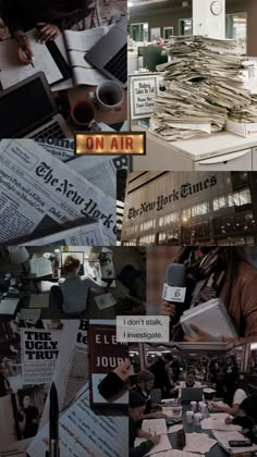 collage of various images including newspapers, magazines and coffee mugs on the table