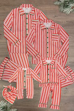 Candy Cane Stripe Family Pajamas - AND PET BANDANA! | Sparkle In Pink Pajama Christmas Card, Satin Christmas Pajamas Family, Pink Holiday Outfits, Christmassy Outfits, Tile Drawing, Family Holiday Pajamas, Family Holiday Pictures, Sue Johnson, Christmas Pjs Family