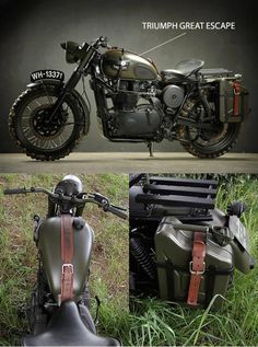 the triumph great escape motorcycle is shown in three different pictures