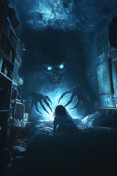 a person laying on a bed in a dark room with two demonic looking monsters above them