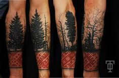 three different tattoos on the legs of people with trees and red tape around their ankles