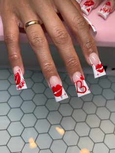 valentines | french tips | nail art | Red Duck Nails Acrylic, Valentines French Tips, Red French Tip Nails With Design, Starbucks Nails, French Tip Nail Art, Nail Appointment, Summer Acrylic