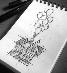 a drawing of a house with balloons coming out of it