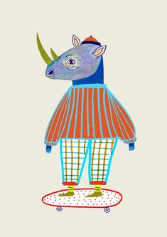 a drawing of a rhino on a skateboard with an orange and blue shirt, striped pants, and red shoes