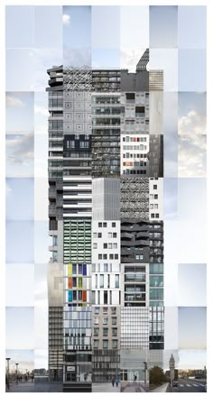 a collage of buildings in different colors and sizes