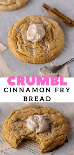 two cookies with cinnamon frosting on top and an image of the cookie being cut in half