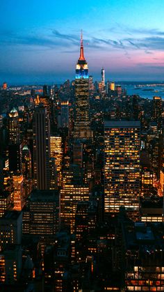 the city skyline is lit up at night, with skyscrapers in the foreground