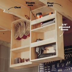 the inside of a wooden storage unit with instructions on how to put items in it