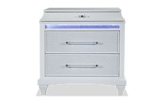 a white night stand with two drawers and blue lights on the bottom, against a white background