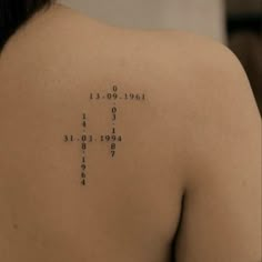 the back of a woman's shoulder with numbers on it