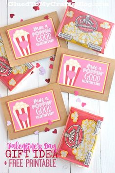 four valentine's day cards with popcorn on them