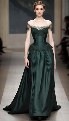 Corset Dress Historical, Victorian Ballgown Aesthetic, Dress Waist Styles, Vintage Green Dresses, Ballgown Reference, Green Ball Gown Princesses, Fantasy Corset Outfit, Dark Green Fantasy Dress, Dark Green Corset Dress