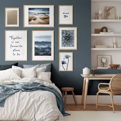 a bedroom with blue walls and pictures on the wall