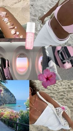 the collage has pictures of different things on it, including a woman in white top and pink flowers