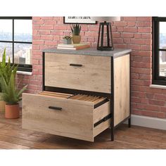 two drawers in front of a brick wall with potted plants on the side and window sill