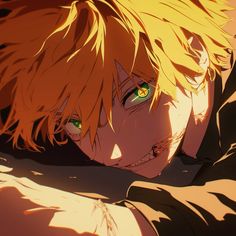 an anime character with blonde hair and green eyes looking at the camera while laying down