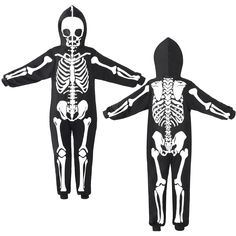 two children's skeleton onesuits are shown in black and white, one is wearing