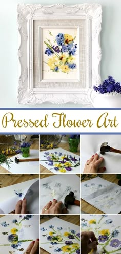 the process for making pressed flower art is shown in multiple pictures, including blue and yellow flowers