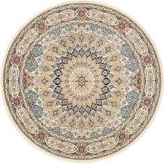 Made in Turkey, this  Nain Design Collection rug is Machine woven of   85% polypropylene, 15% polyester with 100% cotton backing. This rug is easy-to-clean, stain resistant, and does not shed. This rug has fringe. Colors found in this rug include: Ivory, Burgundy, Cream, Light Blue, Light Green, Navy Blue, Puce. The primary color is Ivory. This rug is 1/2" thick. Features: Border, Botanical, Carved, Floral, Fringe, Medallion, Traditional Round Area Rug, Unique Loom, Round Area Rugs, Stain Resistant Fabric, Round Rug, Traditional Area Rugs, Area Rugs For Sale, Round Rugs, Color Ivory