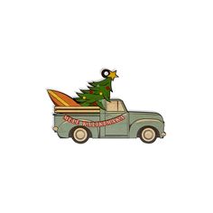 an old green truck with a christmas tree on the roof and surfboard in the back