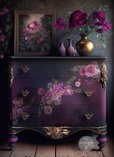 an ornate dresser with flowers painted on it