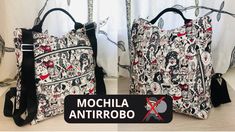 two bags with mickey mouses on them and the words mochila antirobo