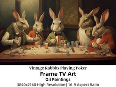 three rabbits sitting at a table playing poker with the caption frame tv art oil paintings