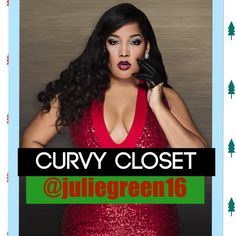 a woman in a red dress is holding her hand up to her face with the words curly closet @ quilligreen16 on it