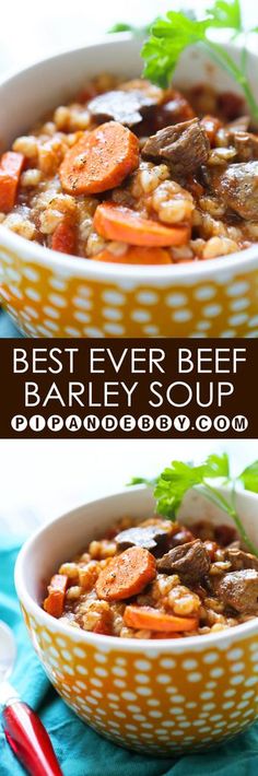 two pictures of beef barley soup with carrots and celery on the side