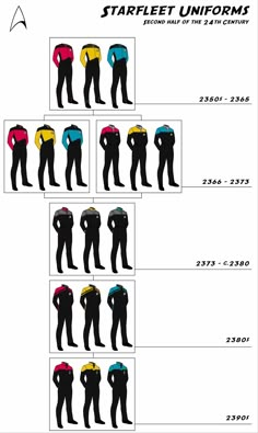 the star trek uniform chart is shown with different colors and sizes for each individual person