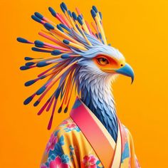 a bird with colorful feathers on top of it's head and wearing a kimono