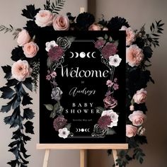 Vintage Floral Goth Halloween Baby Shower Welcome Foam Board | Zazzle Addams Family Baby, Floral Goth, Whimsical Baby Shower, Gothic Baby, Goth Baby, Goth Halloween, Halloween Baby, Floral Baby Shower, Pink Baby Shower