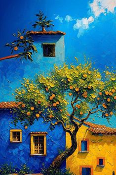 an oil painting of a tree in front of a blue building with yellow shutters