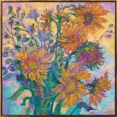 a painting of sunflowers in a vase