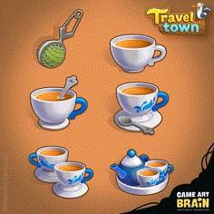 tea cups and spoons with the words travel town on them