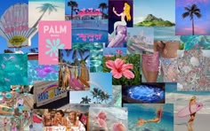 a collage of photos with the words palm beach in pink and blue, surrounded by images of women wearing swimsuits