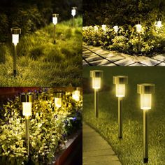 four different types of solar lights in the grass and on the ground, with flowers growing out of them