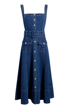 Experience effortless style with the Vega Dress. Made with medium wash denim, this midi dress boasts a button front, belted waist, and patch pockets for a chic and versatile look. Whether you're enjoying a casual day out or dressing up for a night out, the Vega Dress has got you covered. Details Button front closureFabric: Lightweight DenimFit and flareSilhouettePatch pocket detailsSleeveless Content and Care 99% Cotton 1% SpandexDry CleanImported Measurements 42.5in/107.95cm from shoulderMeasurements from size S Pockets In Dresses, Collared Button Down Dress, 90s Denim Dress Outfit, Denim Dress Aesthetic, Diy Denim Dress, Belted Denim Dress, Vegas Dresses, Skirt Coverup, Denim Midi Dress