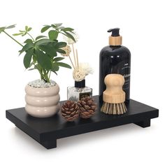 an assortment of bathroom items sitting on a shelf next to a potted plant and soap dispenser