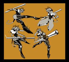 four different poses of an anime character with swords in their hands and holding two knives