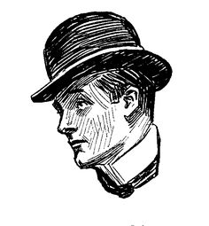 a black and white drawing of a man wearing a hat