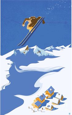 an image of a man on skis in the air above snow covered mountains and houses