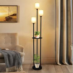 a living room scene with focus on the floor lamp and plant in front of the window