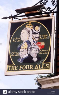 a sign on the side of a building that says the four alls with an image of two men