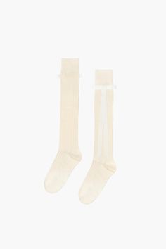 RECITAL SOCKS IN ECRU – SANDY LIANG Monthly Payments, Hair Socks, Uniform Dress, Knit Outerwear, Sandy Liang, Italian Shoes, Knee High Socks, White Ribbon, Ribbon Bow