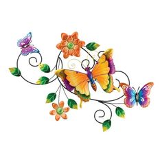 a metal wall hanging with butterflies and flowers on it